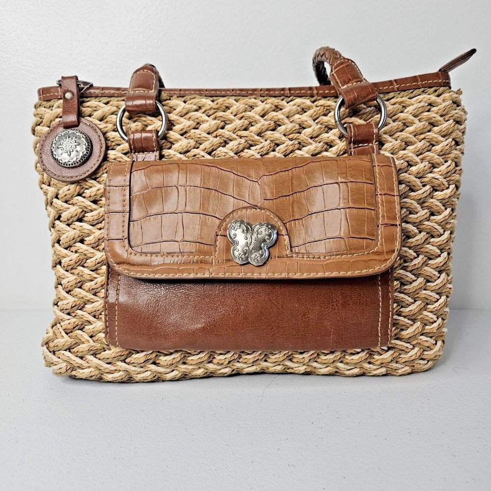Vtg Bueno Natural Reed Shoulder Bag Purse Woven Butterfly Braid Handles Beachy